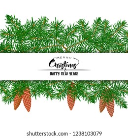 Fir branches. Template for greeting card for merry christmas and New Year,  invitation or sale banner, gift voucher. Isolated on white background. Colored vector illustration.
