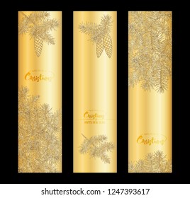 Fir branches. Template for greeting card for merry christmas and New Year,  invitation or sale banner, gift voucher.  In gold and black
Vector illustration in gold colors. 