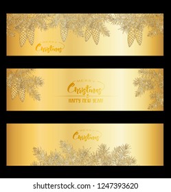 Fir branches. Template for greeting card for merry christmas and New Year,  invitation or sale banner, gift voucher.  In gold and black
Vector illustration in gold colors. 