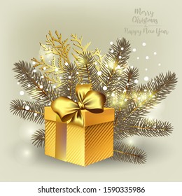 Fir branches, thuja, a gift In a winter vintage composition. Decorative greeting card happy New year and merry Christmas. Advertising banner for trade and sale