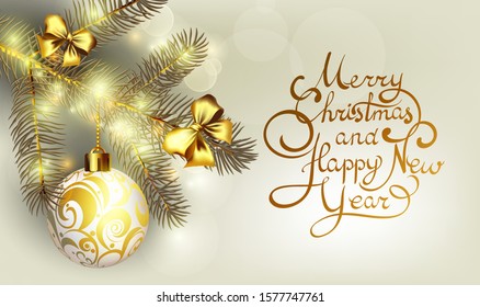 Fir branches and toys, a Golden bow and twinkling Golden lights on a winter background. Decorative greeting card happy New year and merry Christmas. Advertising banner for trade and sale
