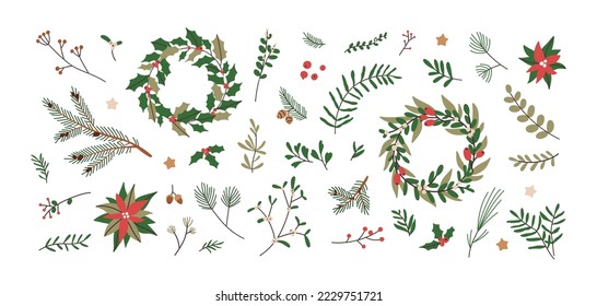 Fir branches, wreaths, leaf, Christmas decoration. Xmas floral design elements set. Tree twigs, leaves, berries, flowers, natural decor. Flat graphic vector illustrations isolated on white background