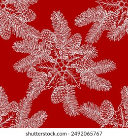 Fir brunches christmas holly berries and cones hand drawn sketch holiday vector seamless pattern.