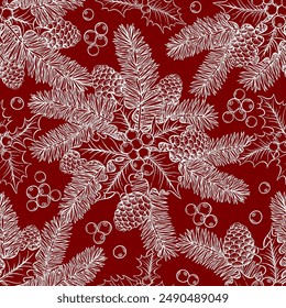 Fir brunches christmas star flower holly berries and cones hand drawn sketch holiday vector seamless pattern.