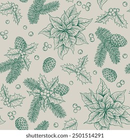 Fir brunches christmas star flower holly berries and cones hand drawn sketch holiday vector seamless pattern.