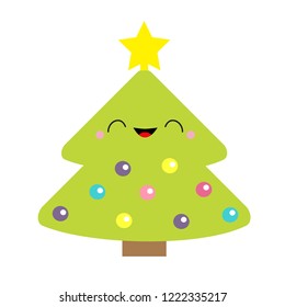 Fir Christmas tree with star top tip, light ball toy set. Happy New Year card. Cute cartoon kawaii smiling character. Flat design. White background. Isolated. Vector illustration