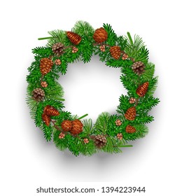 Fir christmas wreath composition with isolated image of circle shaped garland with cones and fresh needle vector illustration