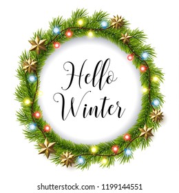fir circle frame with lights and stars decoration