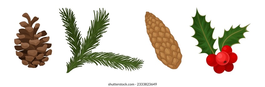 Feuerkone, Kiefernzweig und Holly Berry Winter Plant Vector Set