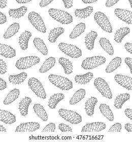 Fir cone seamless pattern on white background. Fir cones. Vector illustration. Hand drawn vector illustration.  Forest design elements