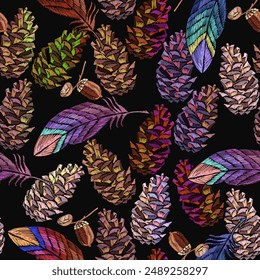 Fir cones and colorful feathers seamless pattern. Embroidery. Fashionable winter template for design of clothes, t-shirt design