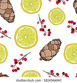 Fir cones, lemon slices and branches with red berries on a white background. Vector seamless pattern. 