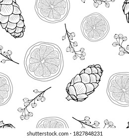 Fir cones, lemon slices and branches with red berries on a white background. Vector seamless pattern. Monochrome illustration.