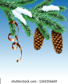 
fir cones on a branch with serpentine on a blue background
