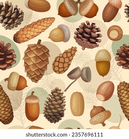Fir cones pattern. Forest acorns collections recent vector seamless background in cartoon style