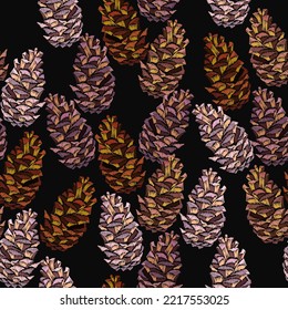Fir cones seamless pattern. Embroidery. Fashionable winter template for design of clothes, t-shirt design