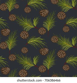 Fir cones seamless vector pattern. Pine branches on dark blue background.
