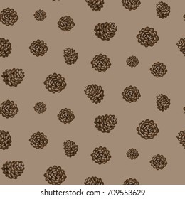 Fir cones seamless vector pattern. Pine branches on brown background.