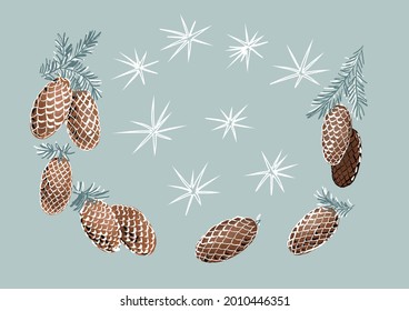 Fir cones and stars on a blue background. A set of color stylized illustrations for the design of trending banners.