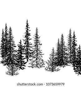 Fir coniferous evergreen tree silhouettes landscape vector illustration isolated on white background