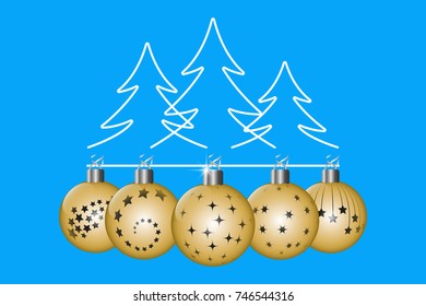 Fir forest drawing by simple line and golden christmas balls. Vector illustration EPS10