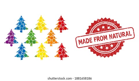 Fir forest mosaic icon of circle items in various sizes and LGBT colored shades, and Made from Natural dirty rosette stamp seal. A dotted LGBT-colored Fir forest for lesbians, gays, transgenders,