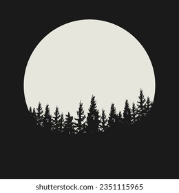 Fir forest tree under the moon, pine tree silhouettes