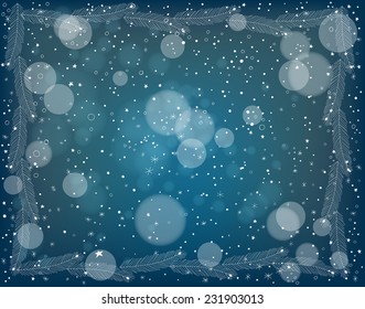 Fir frame. Frame made of white hand - drawn fir branches over dark blue winter background with falling snow. Christmas design.