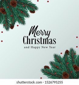 Fir Leaves Corner Frame With Pine Cone Top View For Merry Christmas Greeting Template With White Background