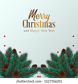 fir leaves garland decoration with pine cone frame corner for merry christmas event. poster banner decoration