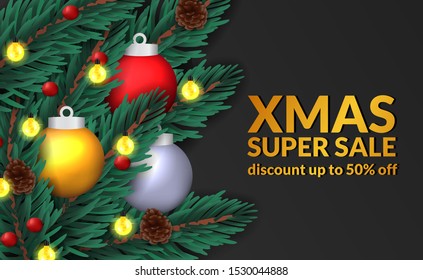 fir leaves garland decoration top view with pine cone, bauble ball sphere sale offer banner template with black background