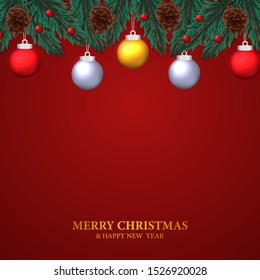 fir leaves garland with pine cone, hanging bauble ball for christmas decoration with red background for greeting card template