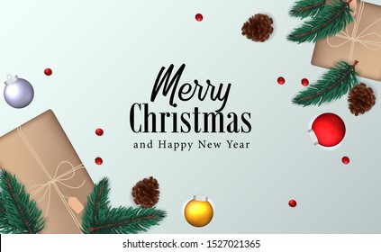fir leaves garland, present box, bauble, pine cone top view for christmas banner greeting card template