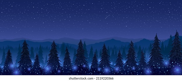 Fir mountain forest with glowing fireflies at starry night. Vector illustration.