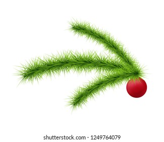 Fir or pine branch isolated. Vector Christmas tree branch.