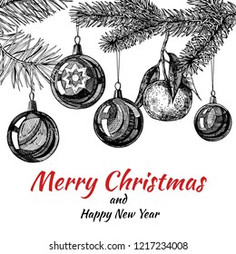 Frische und Kiefernäste, mit hängenden Weihnachtsdekorationen und Tangerine. Vektorgrafik. Handzeichnung. Schöne Grußkarte.