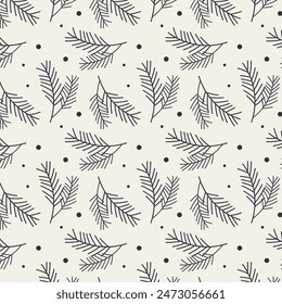 Fir pine branches with needles Christmas pattern on beige background. For background, packaging, backdrop, backing.