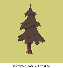 fir pine Christmas tree natural woodland forest cute plant cartoon icon yellow background digital art vector greeting card design earthy evening dawn dusk golden sunset tones dull dim soft lighting. 
