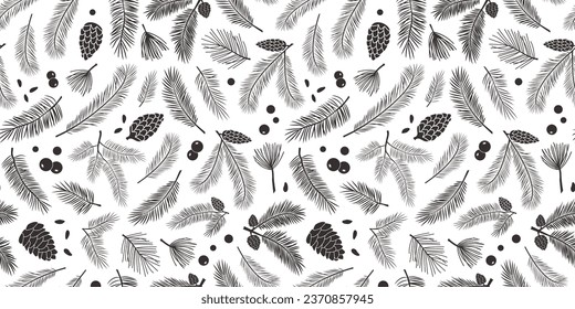 Fir and pine cone seamless pattern, black branch tree  tree and cone, evergreen spruce, Christmas and New Year background. Cartoon xmas decoration. Holiday nature bg. Vector illustration