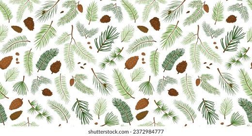 Fir and pine cone seamless pattern, branch tree  tree and cone, evergreen spruce, Christmas and New Year background. Cartoon xmas decoration. Holiday nature bg. Vector illustration