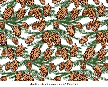 Fir and pine cone vector seamless pattern with branch fir tree and cone, evergreen spruce, Christmas, New Year background. Cartoon flat xmas decoration. Vector texture for wrapping, package, textile
