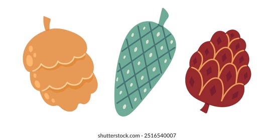 Cones de Fir ou de Pinho. Elementos de decoração acolhedores de outono. Ilustração de vetor plano isolada no plano de fundo branco  