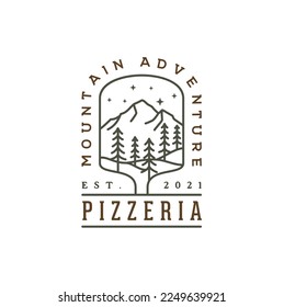 Fir Pine Conifer Cypress Larch Evergreen Tree Forest Mountain with Pizza Peel for Adventure Outdoor Pizzeria Restaurant Vintage Line Art Logo Design