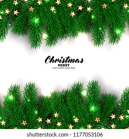 Fir Pine tree branch light garland Merry Christmas Greeting card Party Invitation  Winter holiday background