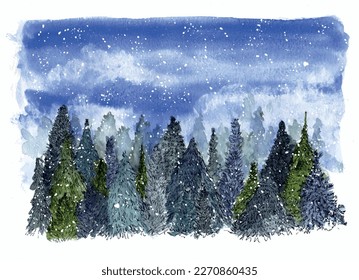 Fir. pine tree forest, snow, Christmas, winter, blue green, sky. Watercolor illustration. Vector.