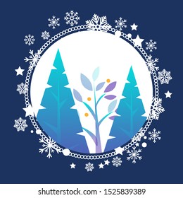 Fir or pine trees in forest or wood. Vector circle with ornament of white snowflakes, with evergreen plants inside. Holiday, christmas or new year, poster. Winter cold and snowy weather illustration