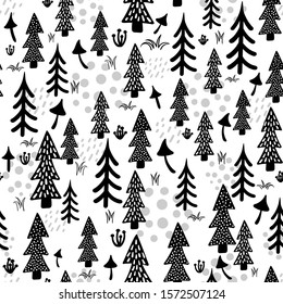 Fir scandinavian hand drawn seamless pattern. Ink doodle autumn, holidays texture with tree, mushrooms, grass for print, paper, design, fabric, decor, gift wrap, background. Vector illustration