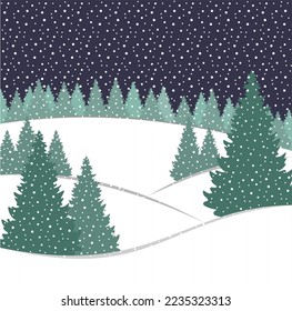 Fir snow forest. Winter night landscape Christmas trees Snowfall Holiday greeting invitation card New Year vector illustration Design pattern template