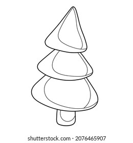 Fir or spruce. Colorless cartoon New year Tree. Simple sample of Christmas tree. Black and white template page for coloring book with Tree. Practice worksheet or Anti-stress coloring page for kids.