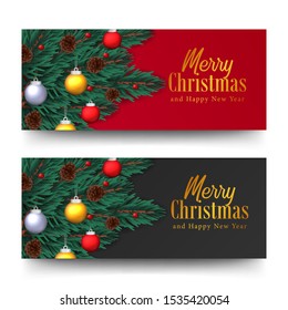 fir spruce leaves garland decoration with bauble ball with red and black background. We wish merry christmas and happy new year. poster banner flyer template